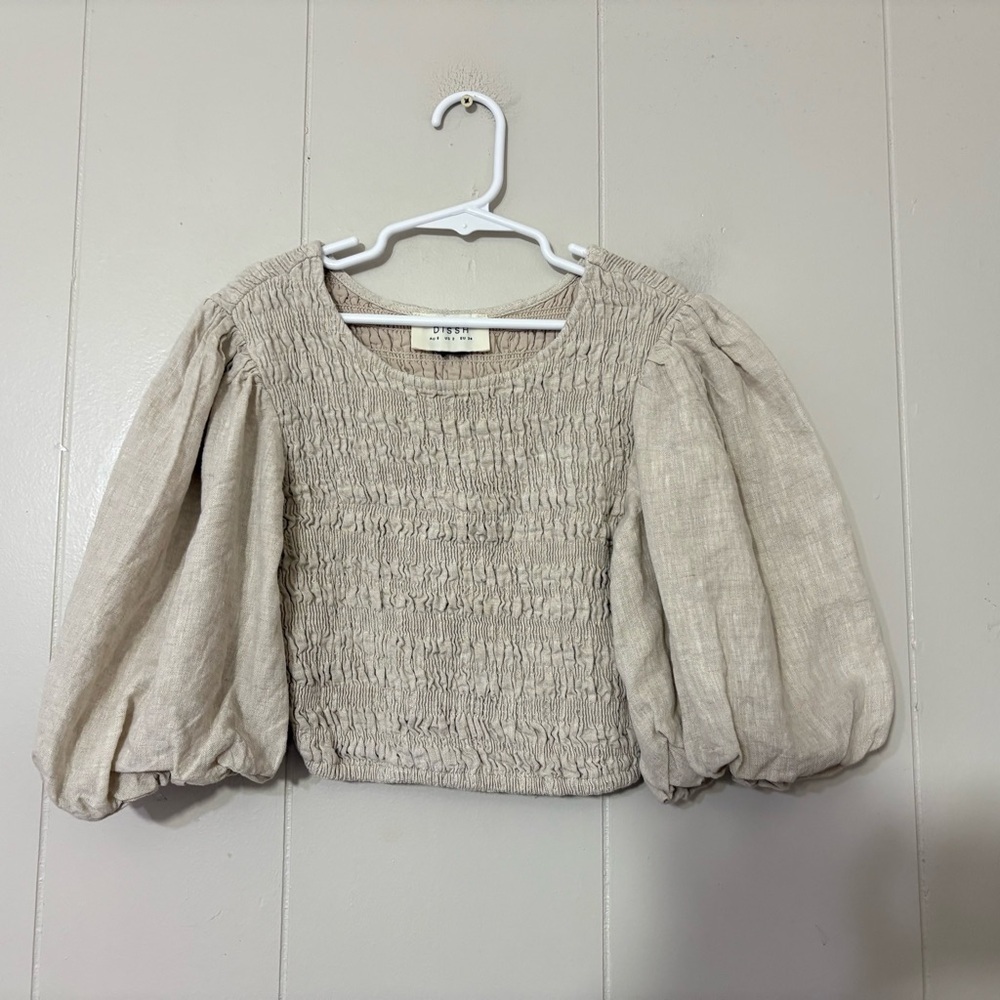 DISSH Frankie Natural Linen Shirred Crop Top Puff Sleeves Size 2 - Picture 2 of 7